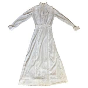 Antique 1910s Edwardian Tea Dress White Cotton Embroidery Lace Lawn Gown